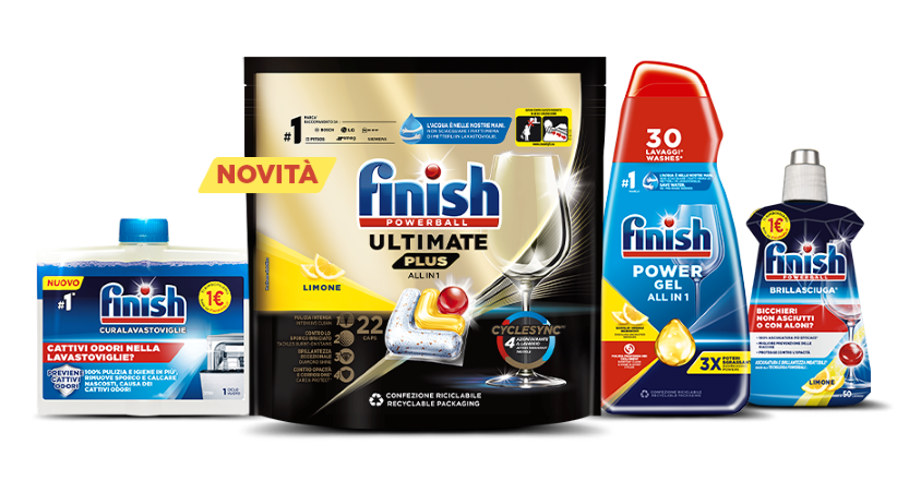 Prodotti Finish tra cui Ultimate Plus, Brillasciuga e Curalavastoviglie